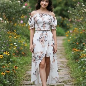 SHEIN Girls Floral 2-Piece Set Size 10 (150) - Smocked Crop Top & Maxi Skort